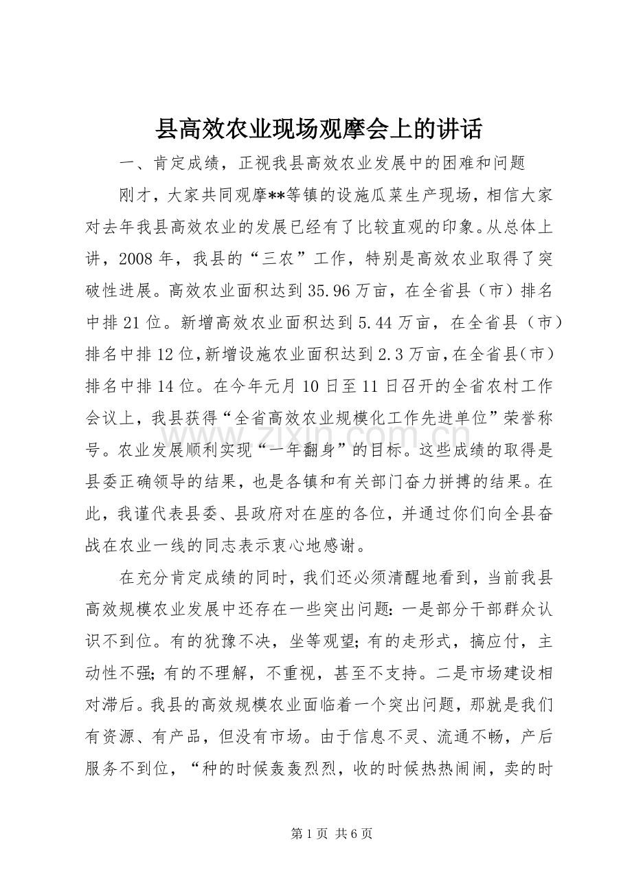 县高效农业现场观摩会上的讲话发言.docx_第1页