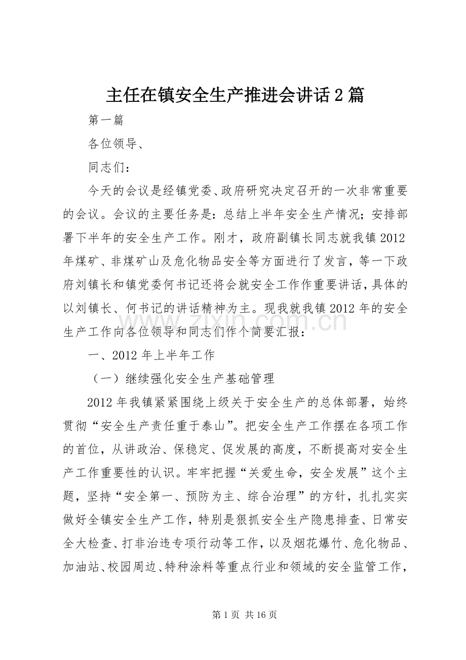 主任在镇安全生产推进会讲话发言2篇.docx_第1页