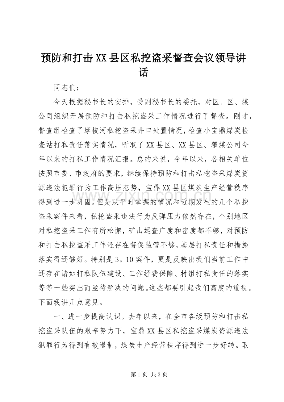 预防和打击XX县区私挖盗采督查会议领导讲话发言.docx_第1页