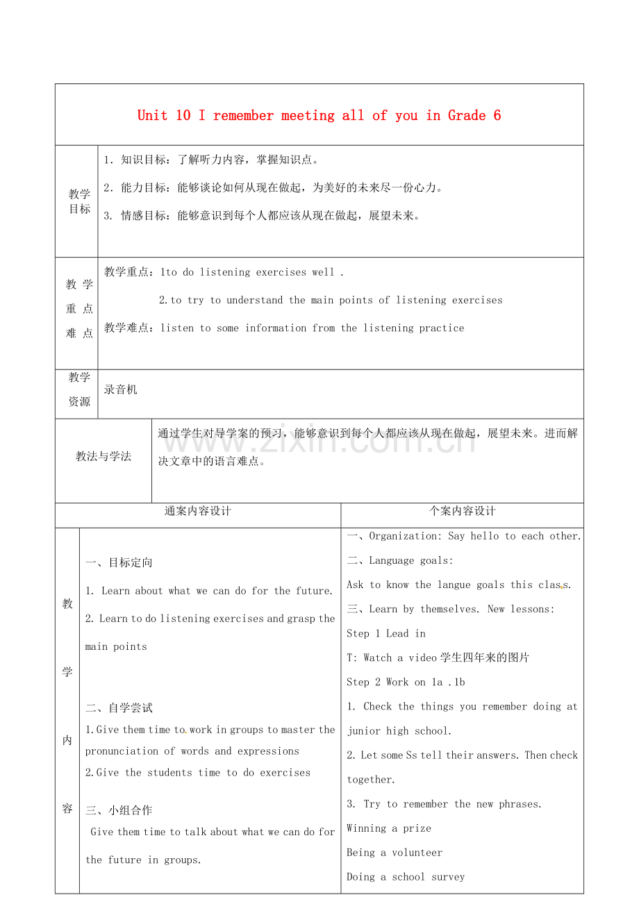 九年级英语全册 Unit 10 I remember meeting all of you in Grade 6（第4课时）教案 （新版）鲁教版五四制-鲁教版五四制初中九年级全册英语教案.doc_第1页