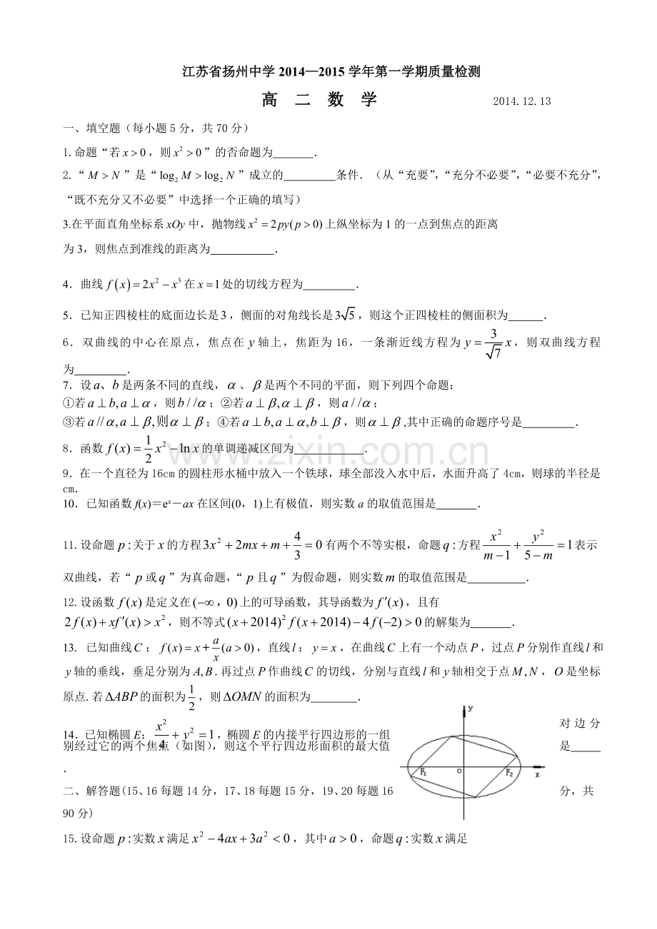 扬州中学2014年高二12月月考数学试卷及答案.doc_第1页