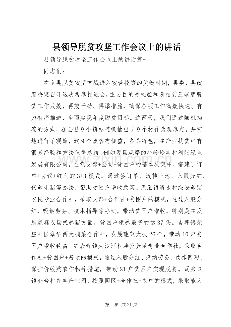县领导脱贫攻坚工作会议上的讲话发言.docx_第1页