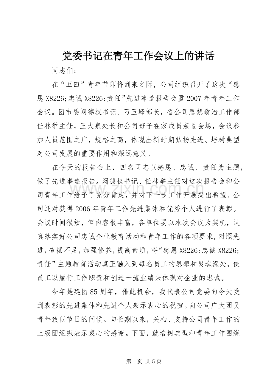 党委书记在青年工作会议上的讲话发言.docx_第1页