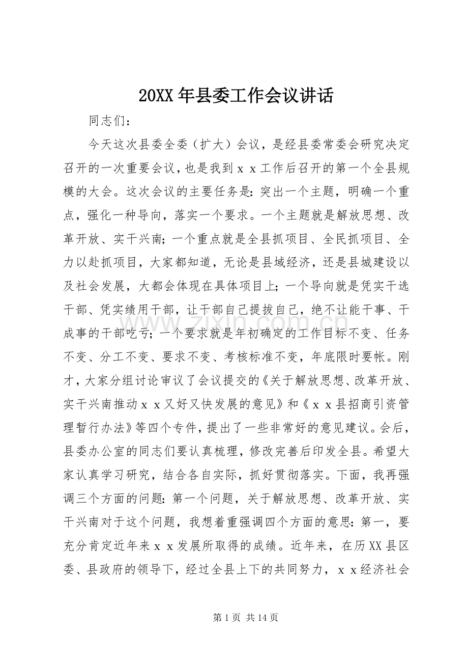 20XX年县委工作会议讲话发言.docx_第1页