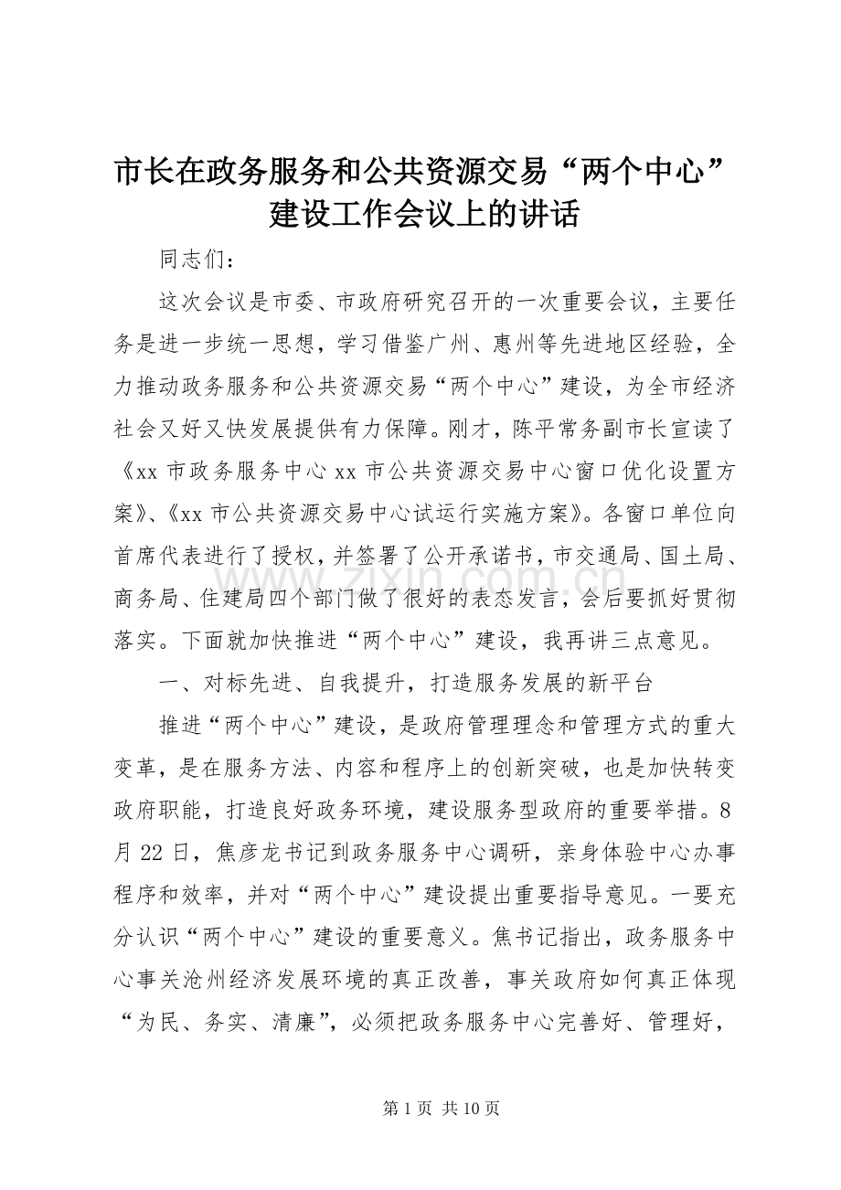 市长在政务服务和公共资源交易“两个中心”建设工作会议上的讲话发言.docx_第1页