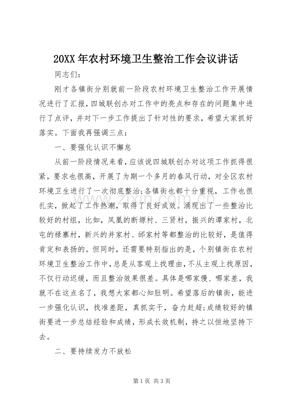 20XX年农村环境卫生整治工作会议讲话发言.docx_第1页