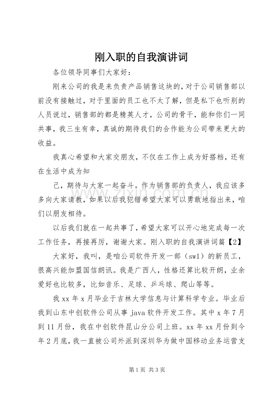 刚入职的自我演讲稿词.docx_第1页