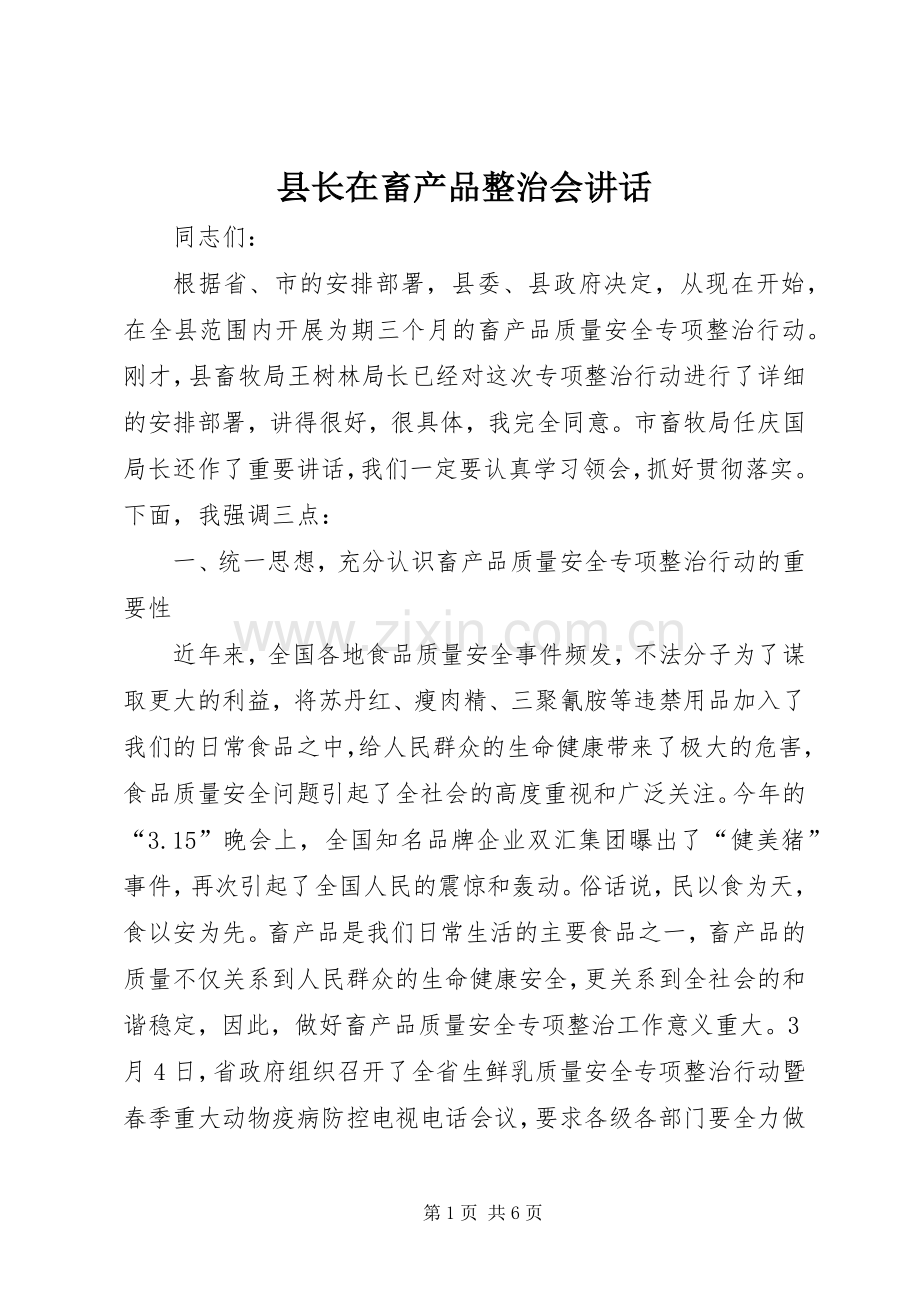 县长在畜产品整治会讲话发言.docx_第1页
