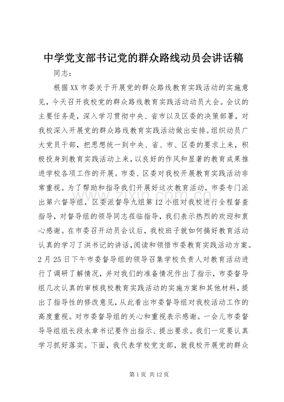 中学党支部书记党的群众路线动员会讲话发言稿.docx_第1页