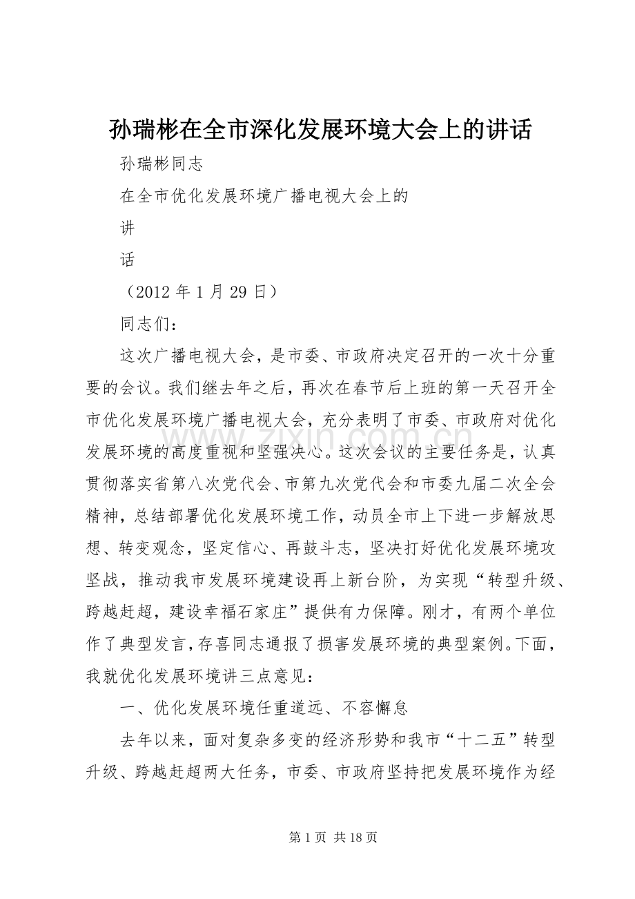 孙瑞彬在全市深化发展环境大会上的讲话发言.docx_第1页