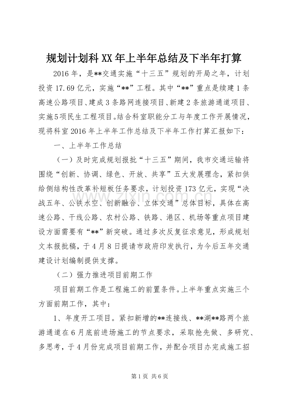 规划计划科XX年上半年总结及下半年打算_1.docx_第1页