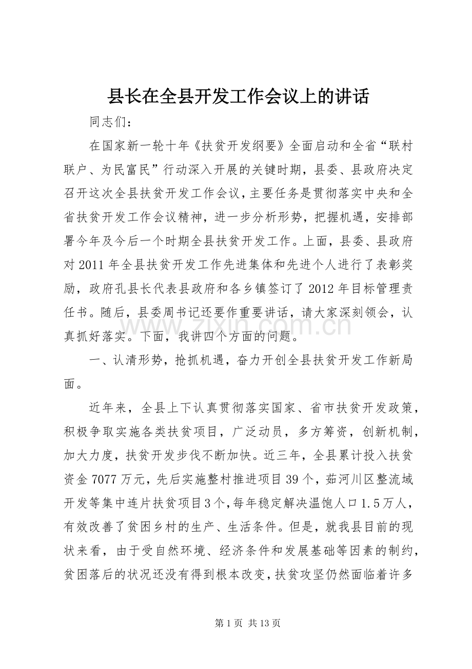 县长在全县开发工作会议上的讲话发言.docx_第1页