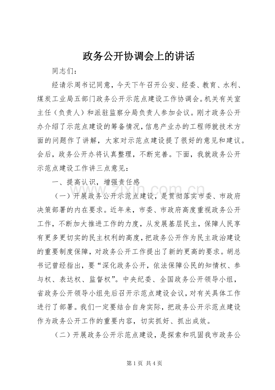 政务公开协调会上的讲话发言.docx_第1页