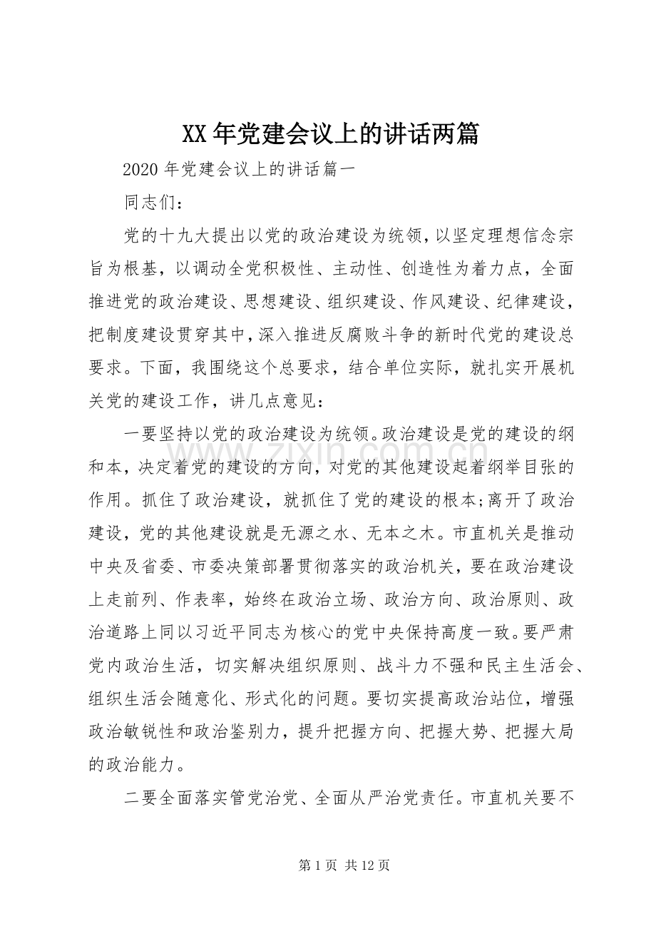 XX年党建会议上的讲话发言两篇.docx_第1页