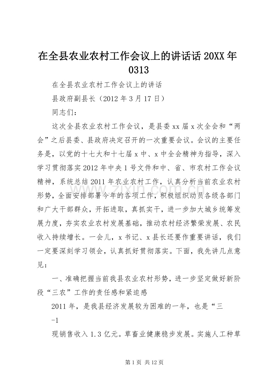 在全县农业农村工作会议上的讲话发言话20XX年0313.docx_第1页