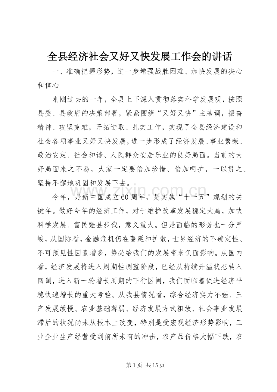 全县经济社会又好又快发展工作会的讲话发言.docx_第1页