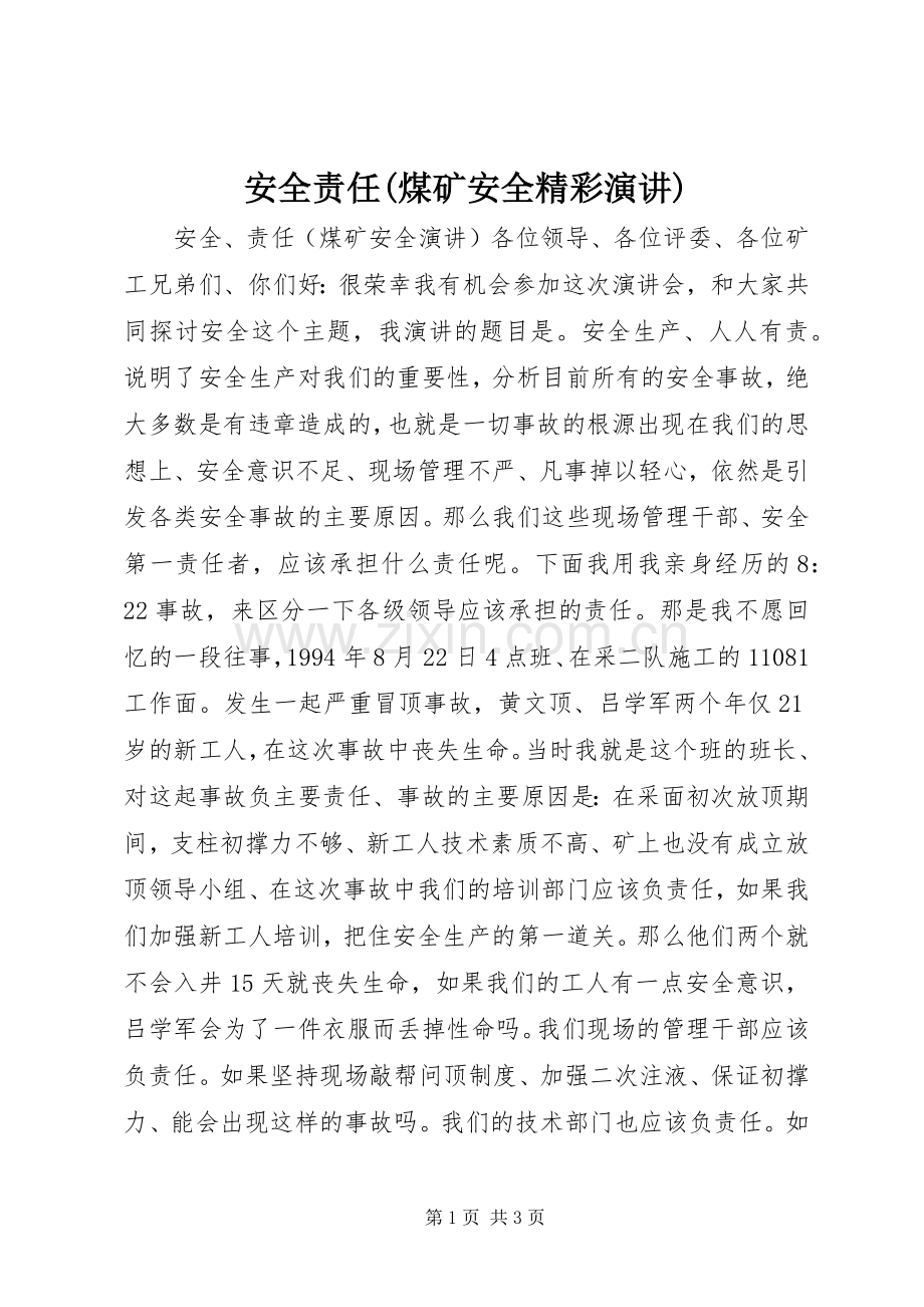 安全责任(煤矿安全精彩演讲稿).docx_第1页