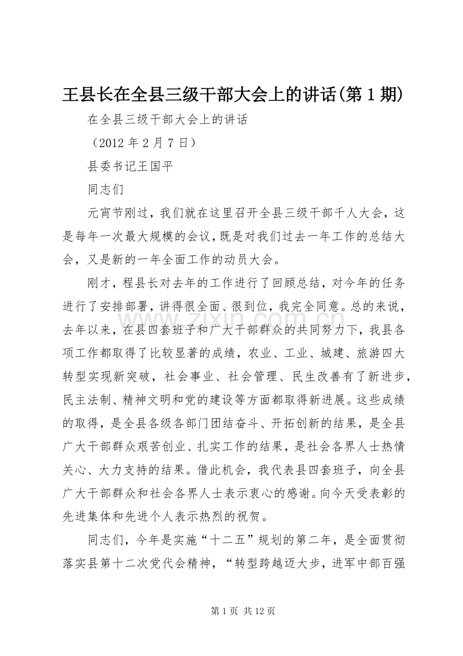 王县长在全县三级干部大会上的讲话发言(第1期).docx_第1页