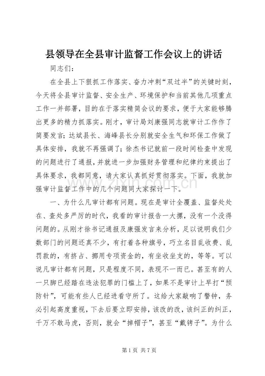 县领导在全县审计监督工作会议上的讲话发言.docx_第1页