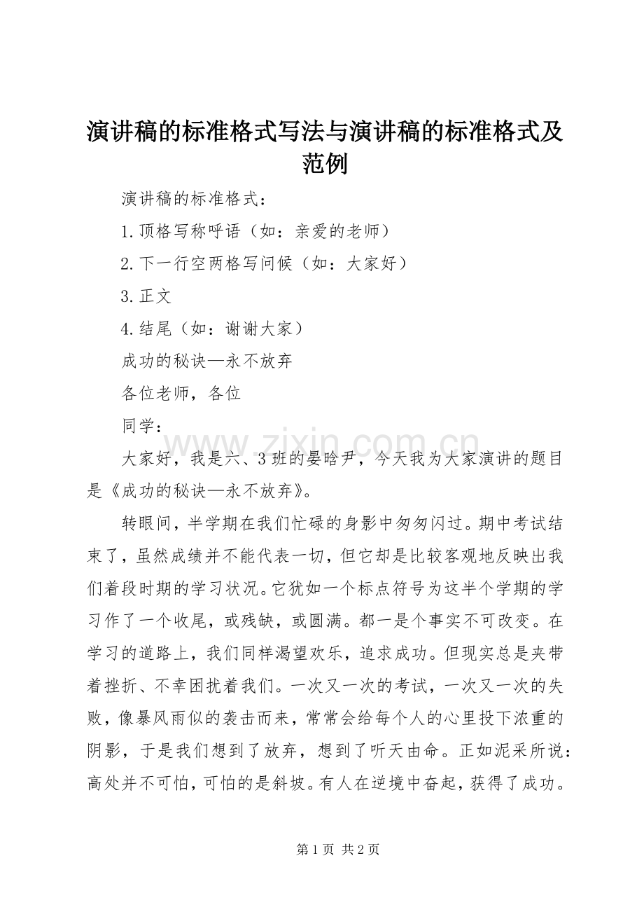 演讲致辞的标准格式写法与演讲致辞的标准格式及范例.docx_第1页