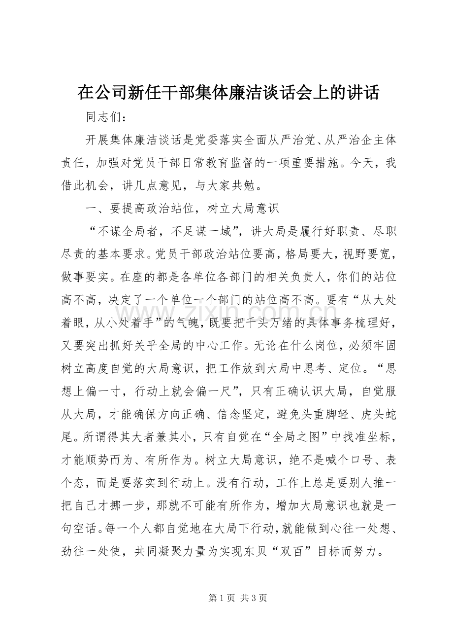 在公司新任干部集体廉洁谈话会上的讲话发言.docx_第1页