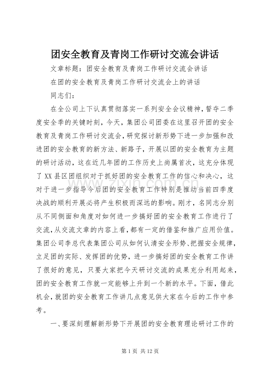 团安全教育及青岗工作研讨交流会讲话发言.docx_第1页