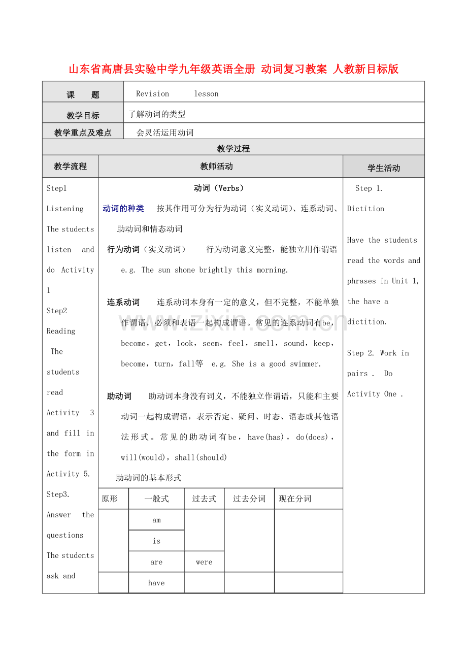 山东省高唐县实验中学九年级英语全册 动词复习教案 人教新目标版.doc_第1页