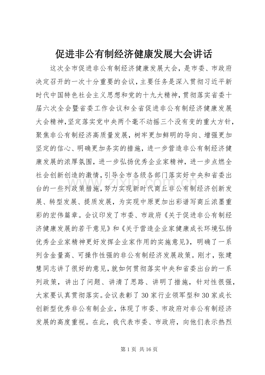 促进非公有制经济健康发展大会讲话发言.docx_第1页