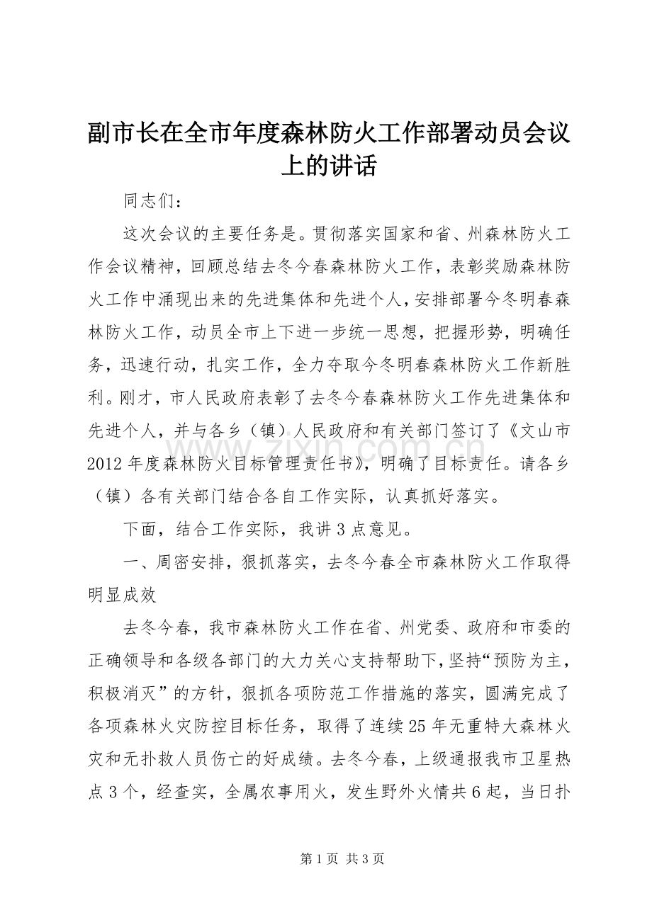 副市长在全市年度森林防火工作部署动员会议上的讲话发言_1.docx_第1页