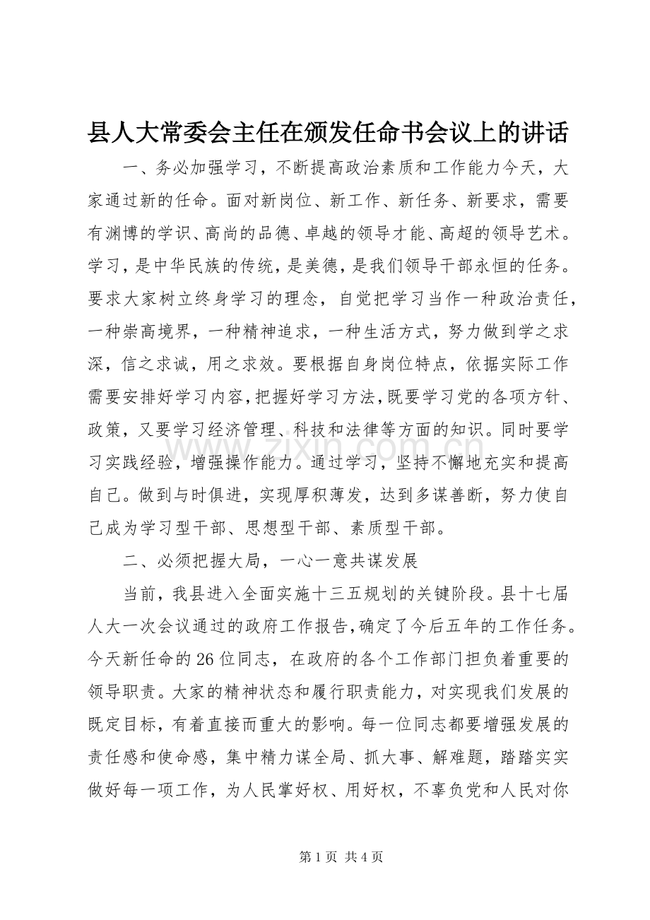 县人大常委会主任在颁发任命书会议上的讲话发言.docx_第1页