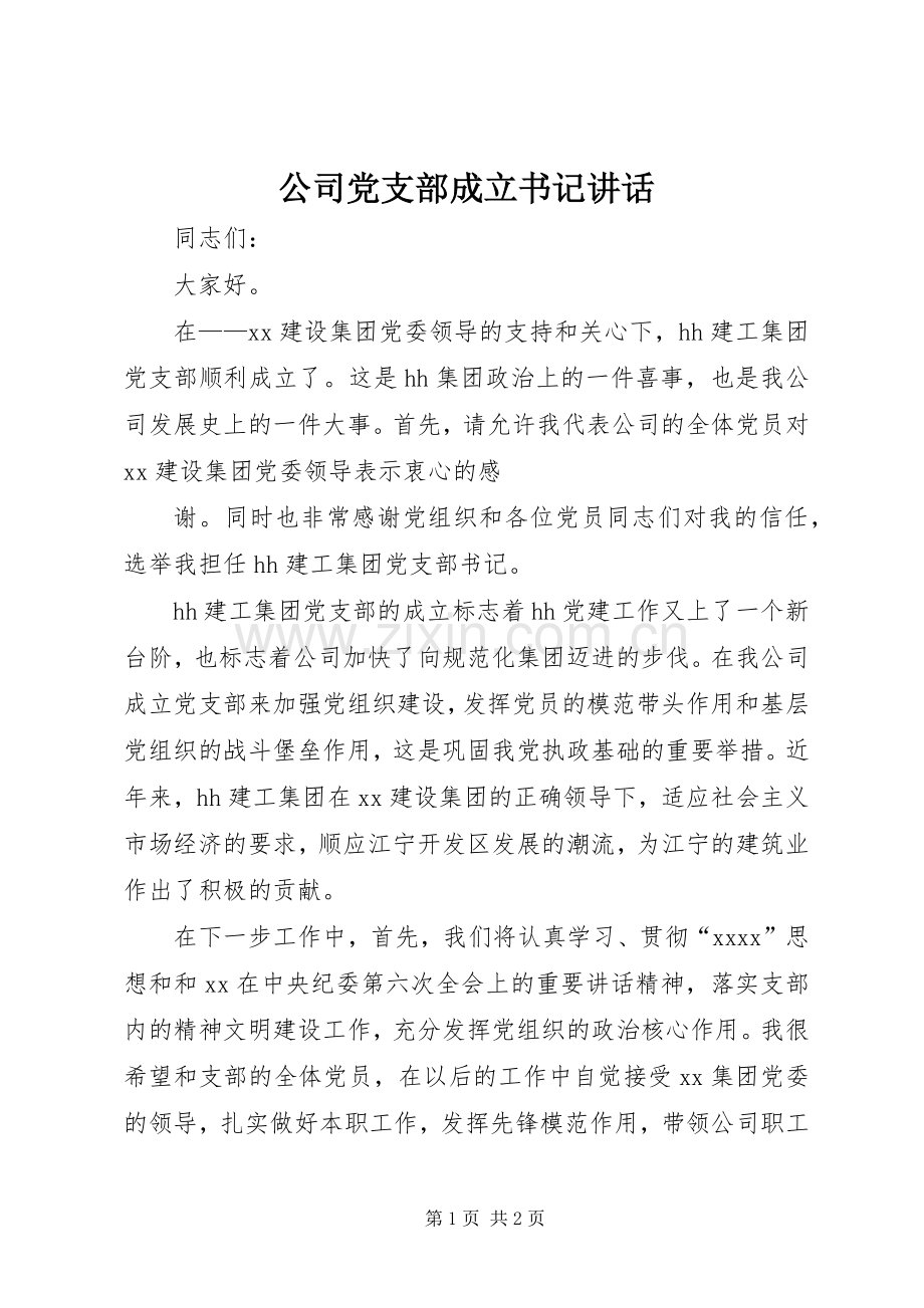 公司党支部成立书记讲话发言_1.docx_第1页