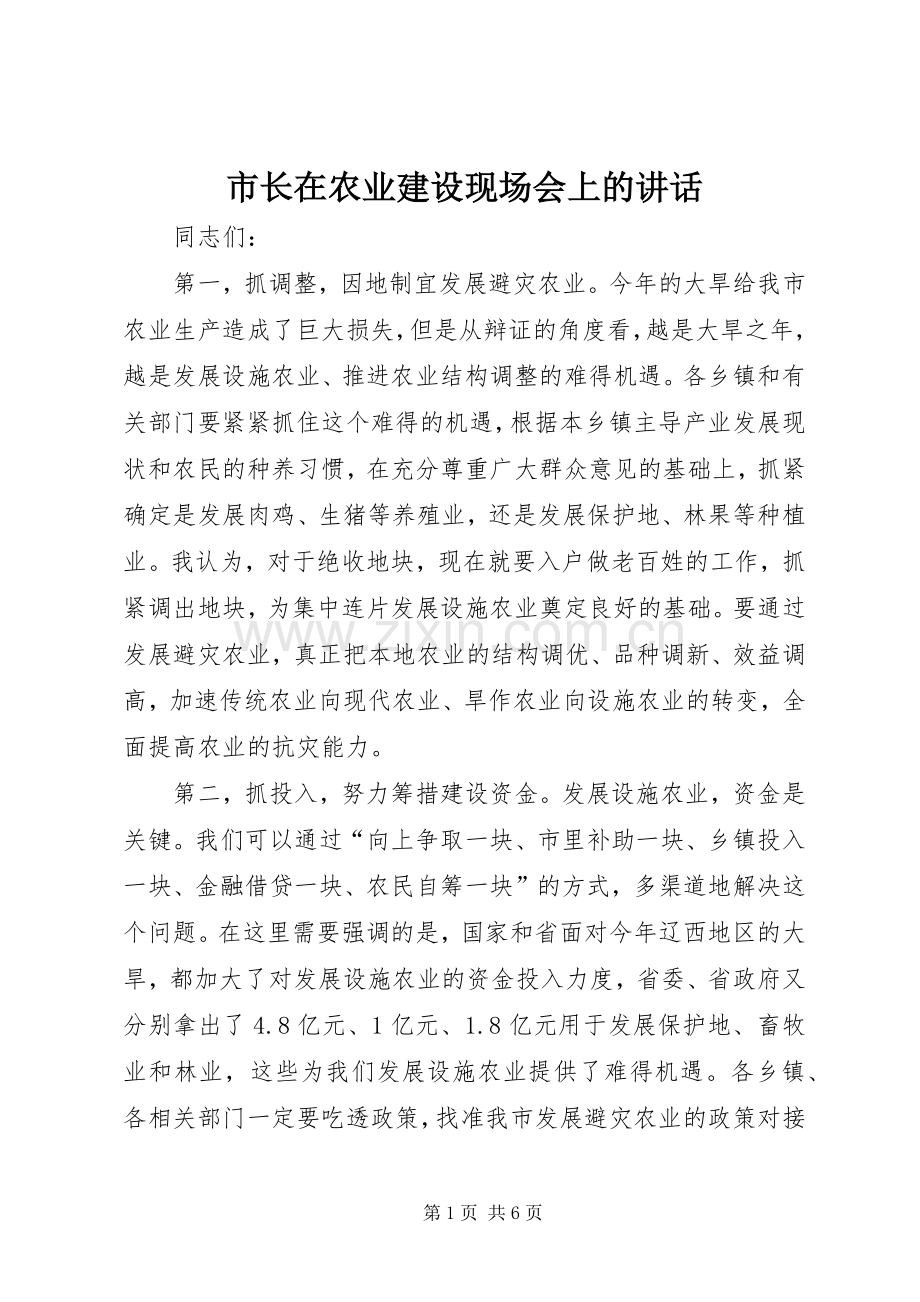 市长在农业建设现场会上的讲话发言.docx_第1页