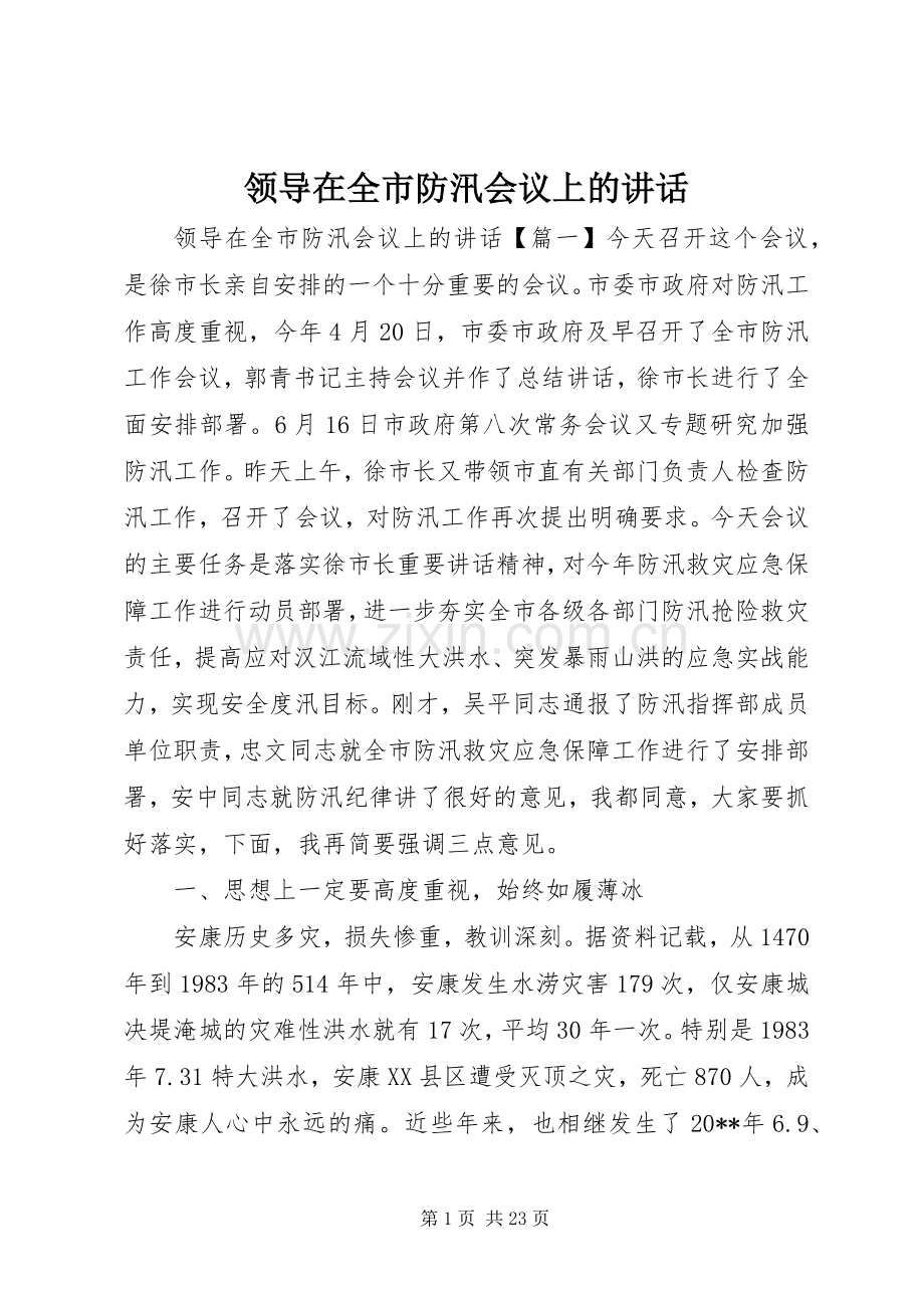 领导在全市防汛会议上的讲话发言.docx_第1页
