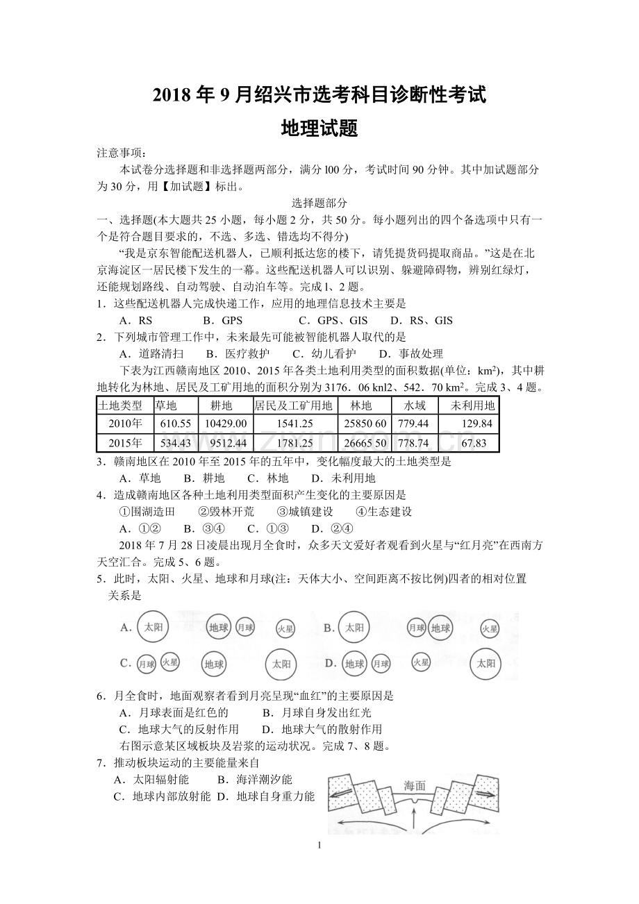 2019届浙江省绍兴市9月高考选考诊断性考试地理试题(word版).doc_第1页