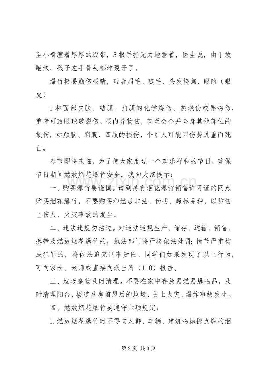 安全燃放烟花爆竹教育讲话发言稿.docx_第2页