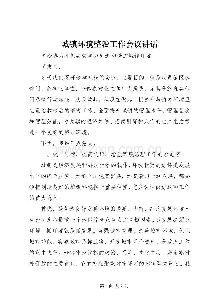 城镇环境整治工作会议讲话发言.docx_第1页