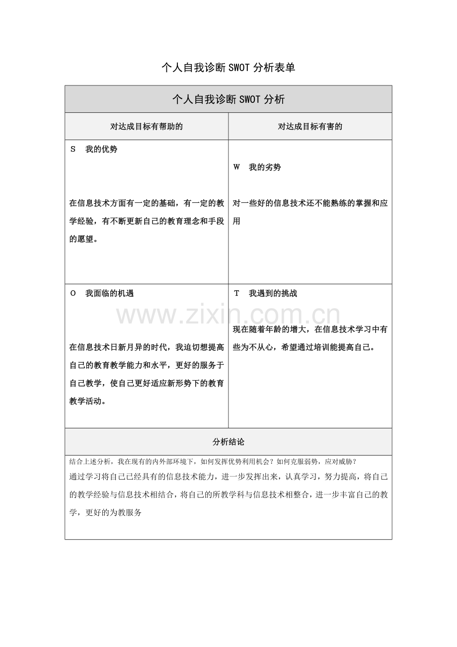 马占忠个人自我诊断SWOT分析表.doc_第1页