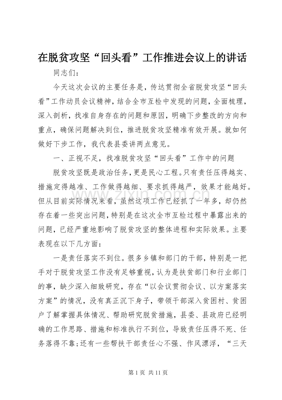 在脱贫攻坚“回头看”工作推进会议上的讲话发言.docx_第1页