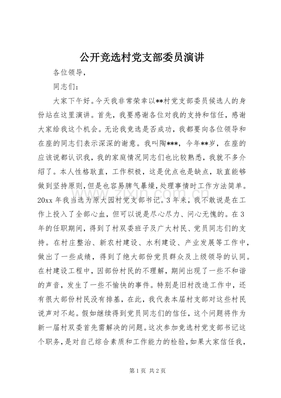 公开竞选村党支部委员演讲稿.docx_第1页