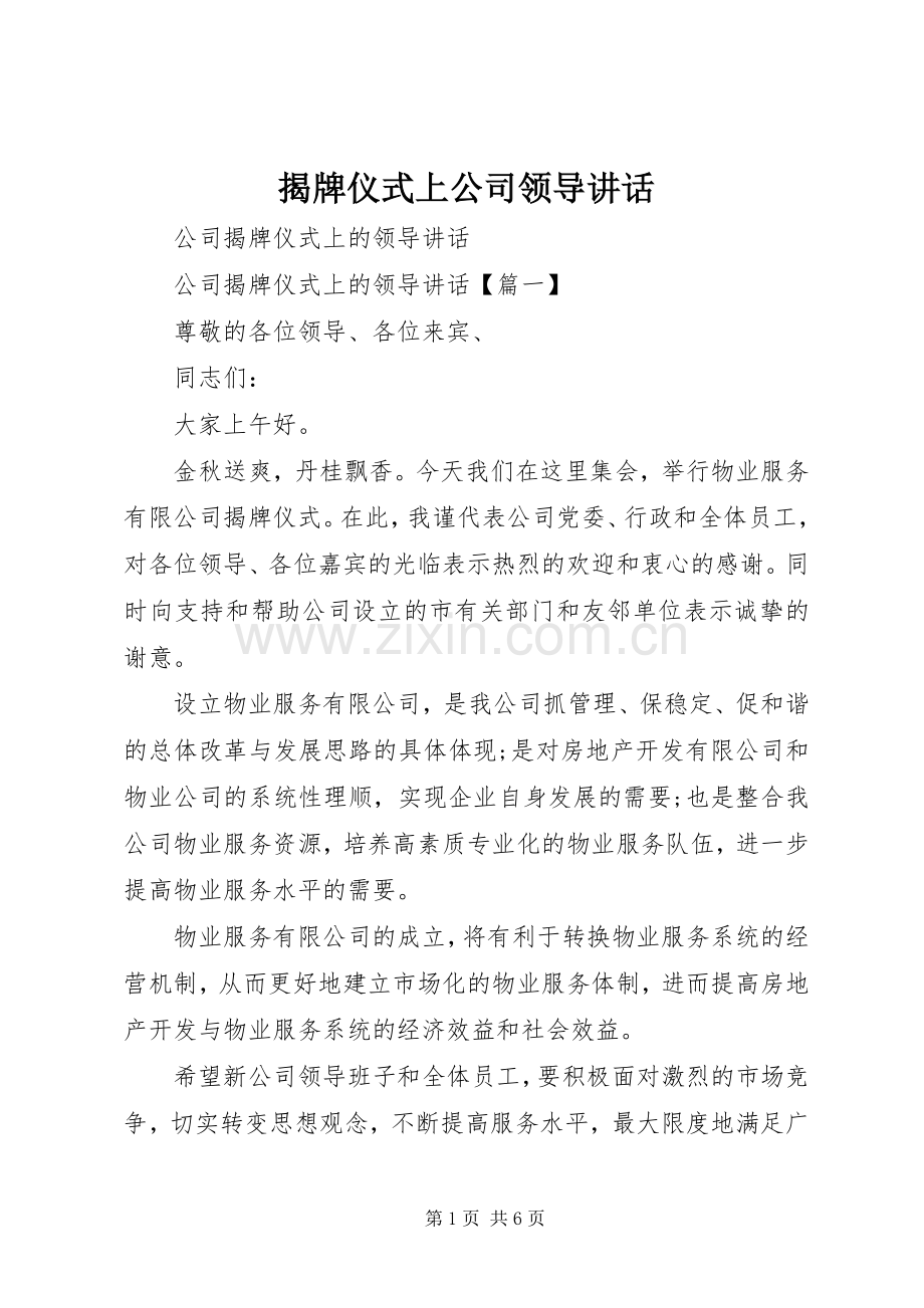 揭牌仪式上公司领导讲话发言.docx_第1页