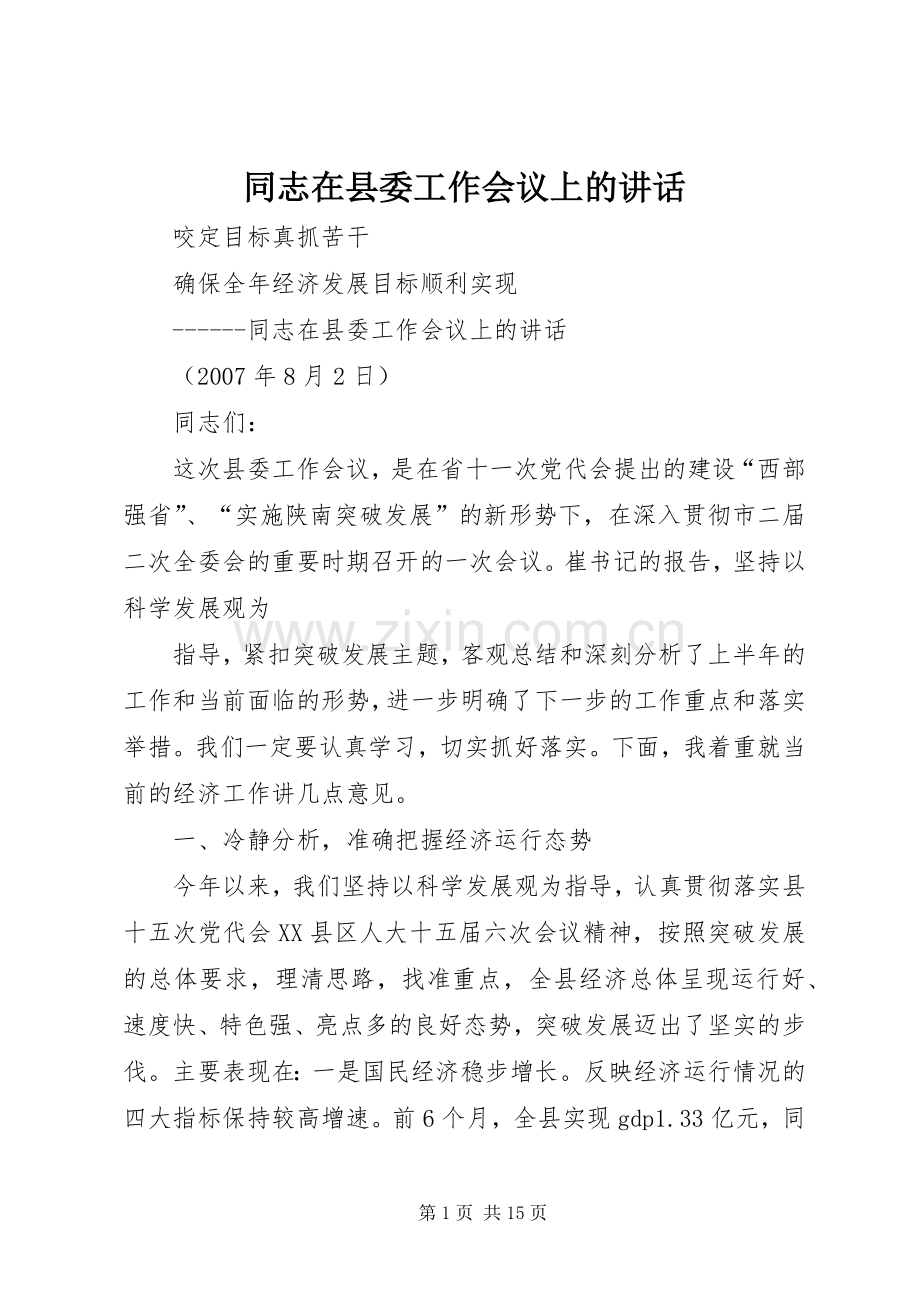 同志在县委工作会议上的讲话发言_1.docx_第1页