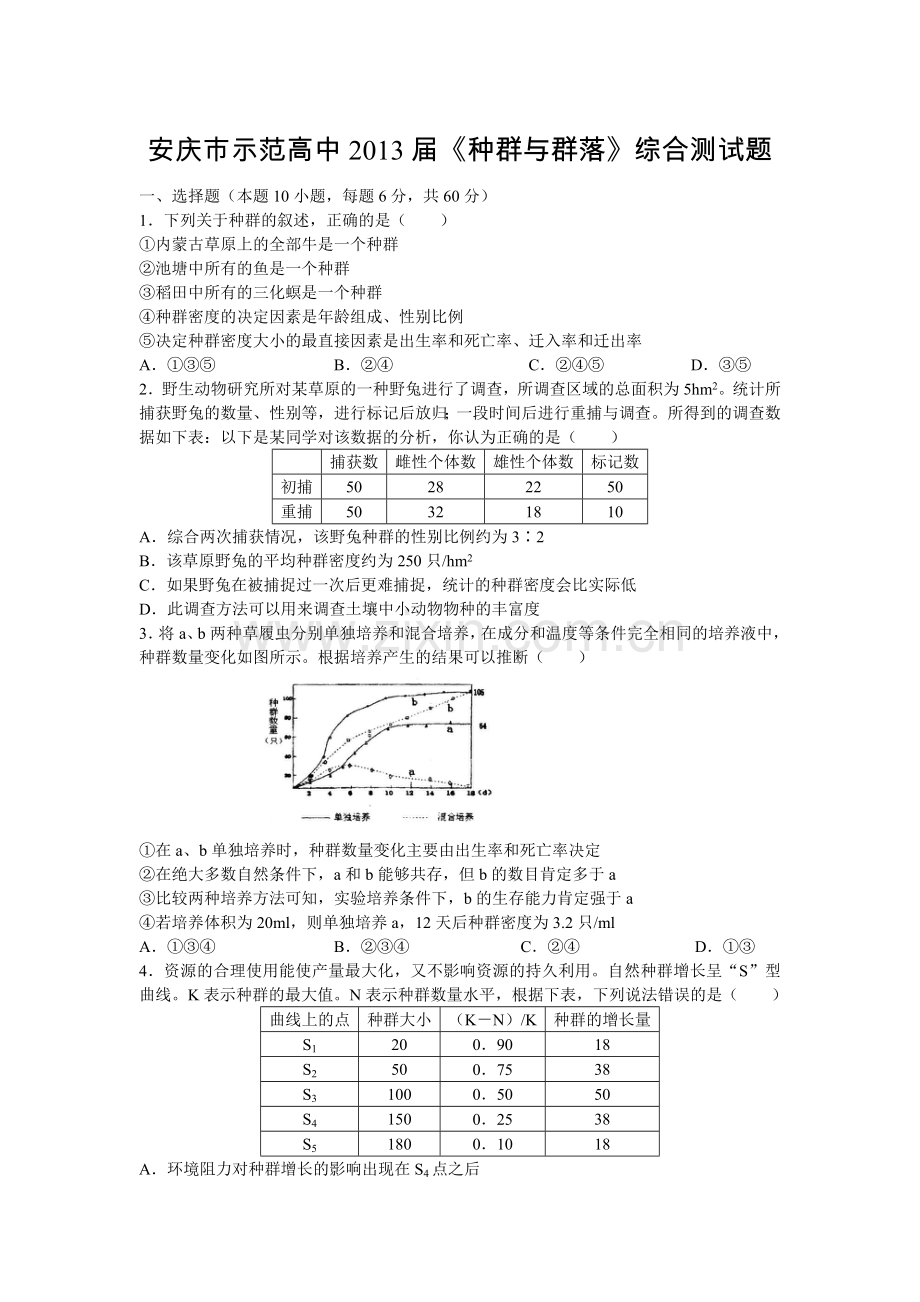 安庆市示范高中2013届《种群与群落》综合测试题.doc_第1页