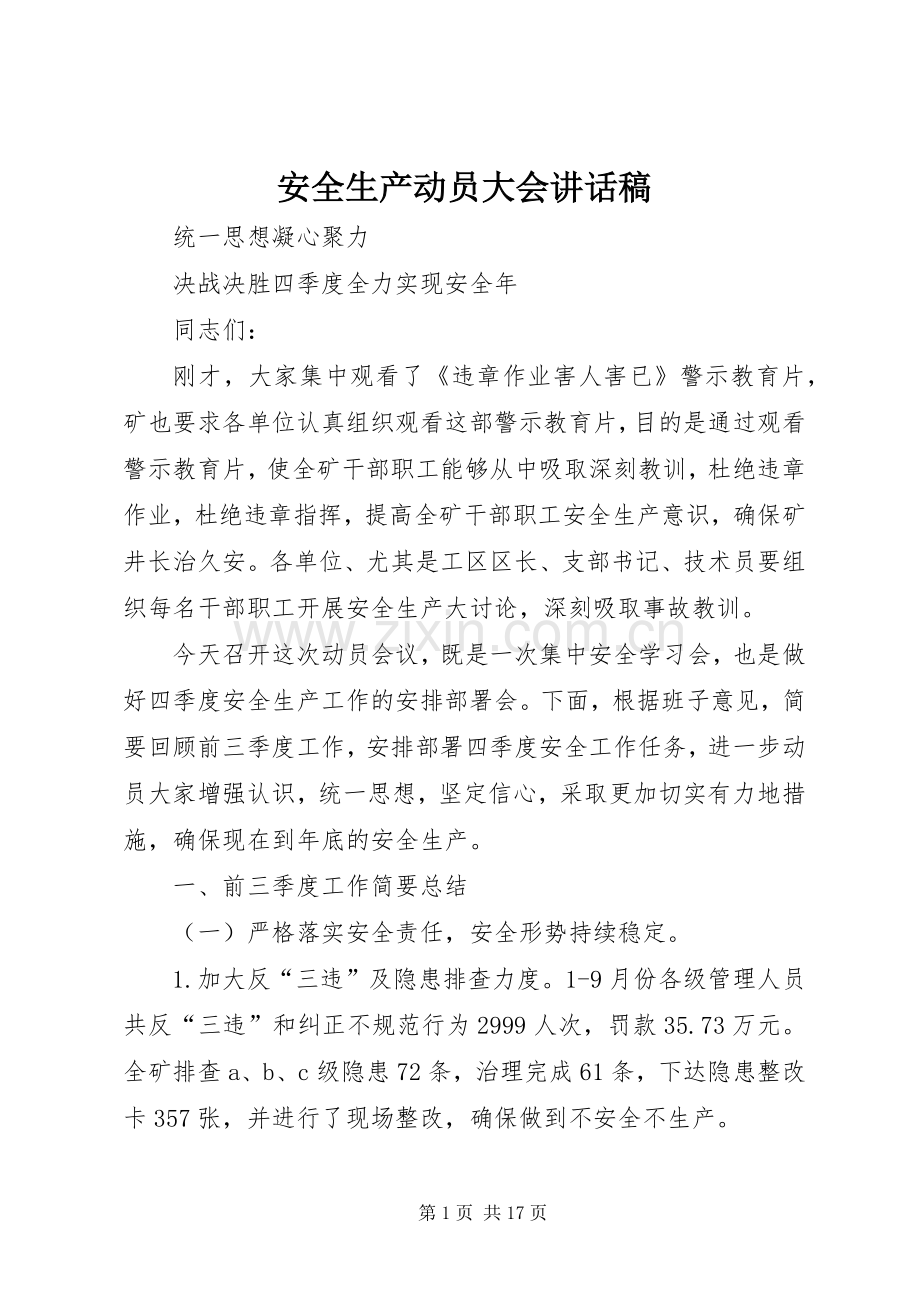 安全生产动员大会讲话发言稿.docx_第1页