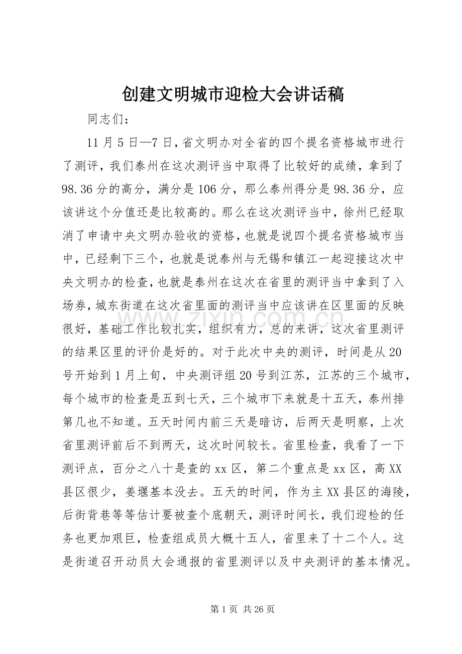 创建文明城市迎检大会讲话发言稿.docx_第1页