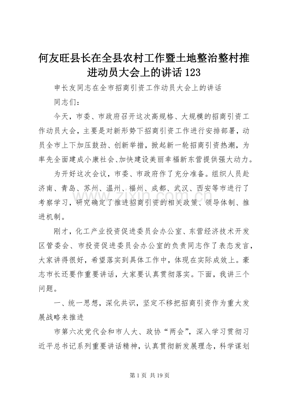 何友旺县长在全县农村工作暨土地整治整村推进动员大会上的讲话发言123.docx_第1页