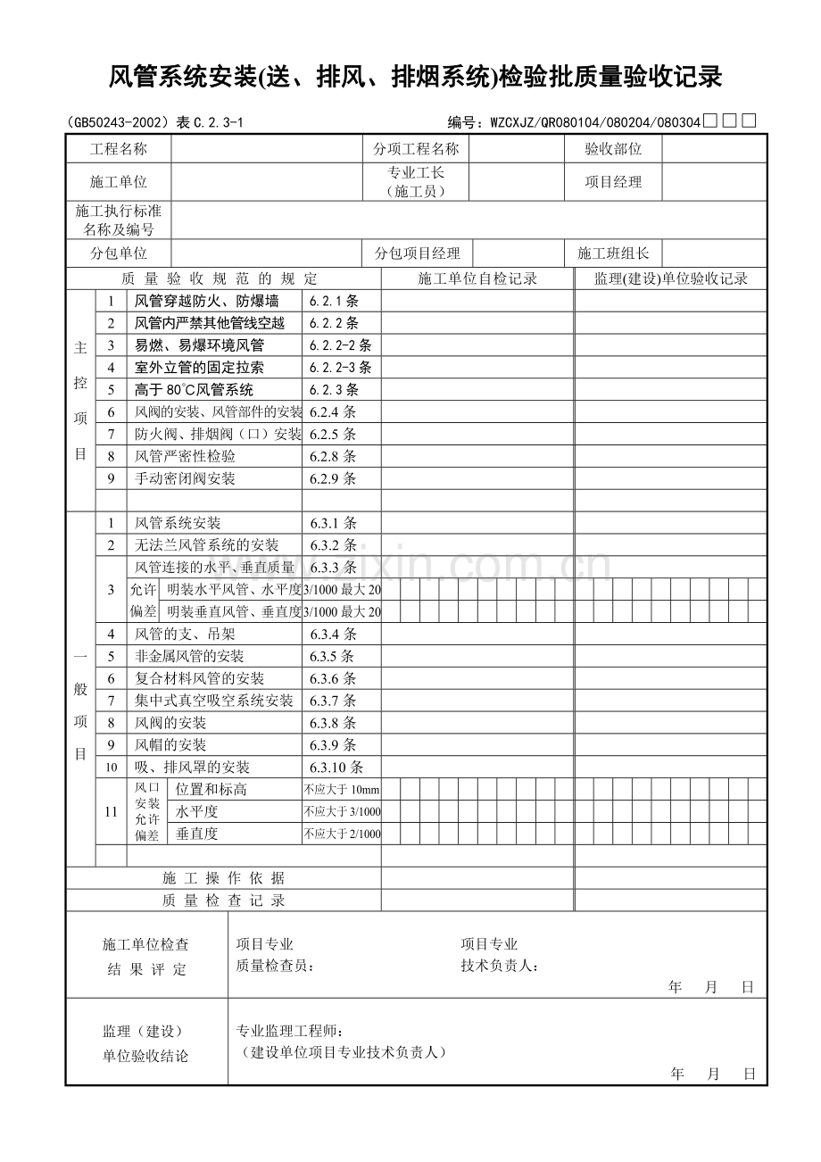 风管系统安装（送、排风、排烟系统）检验批质量验收记录.docx_第1页