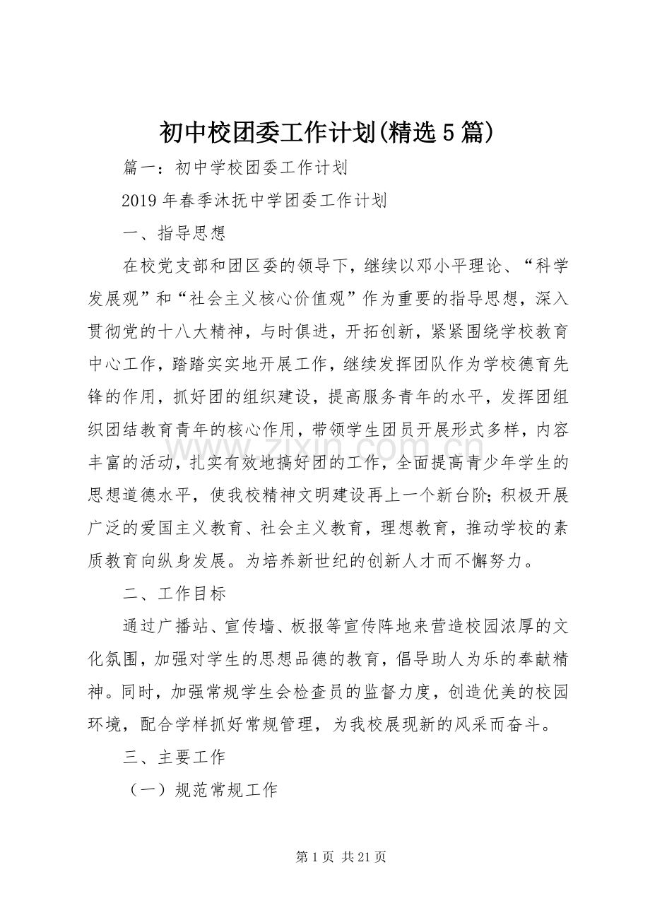 初中校团委工作计划(5篇).docx_第1页