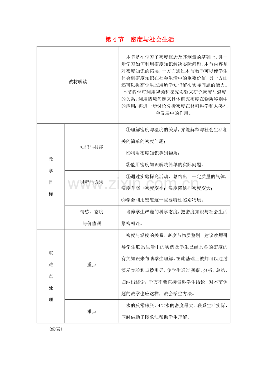 八年级物理上册 第六章 第4节 密度与社会生活教学设计 （新版）新人教版-（新版）新人教版初中八年级全册物理教案.doc_第1页