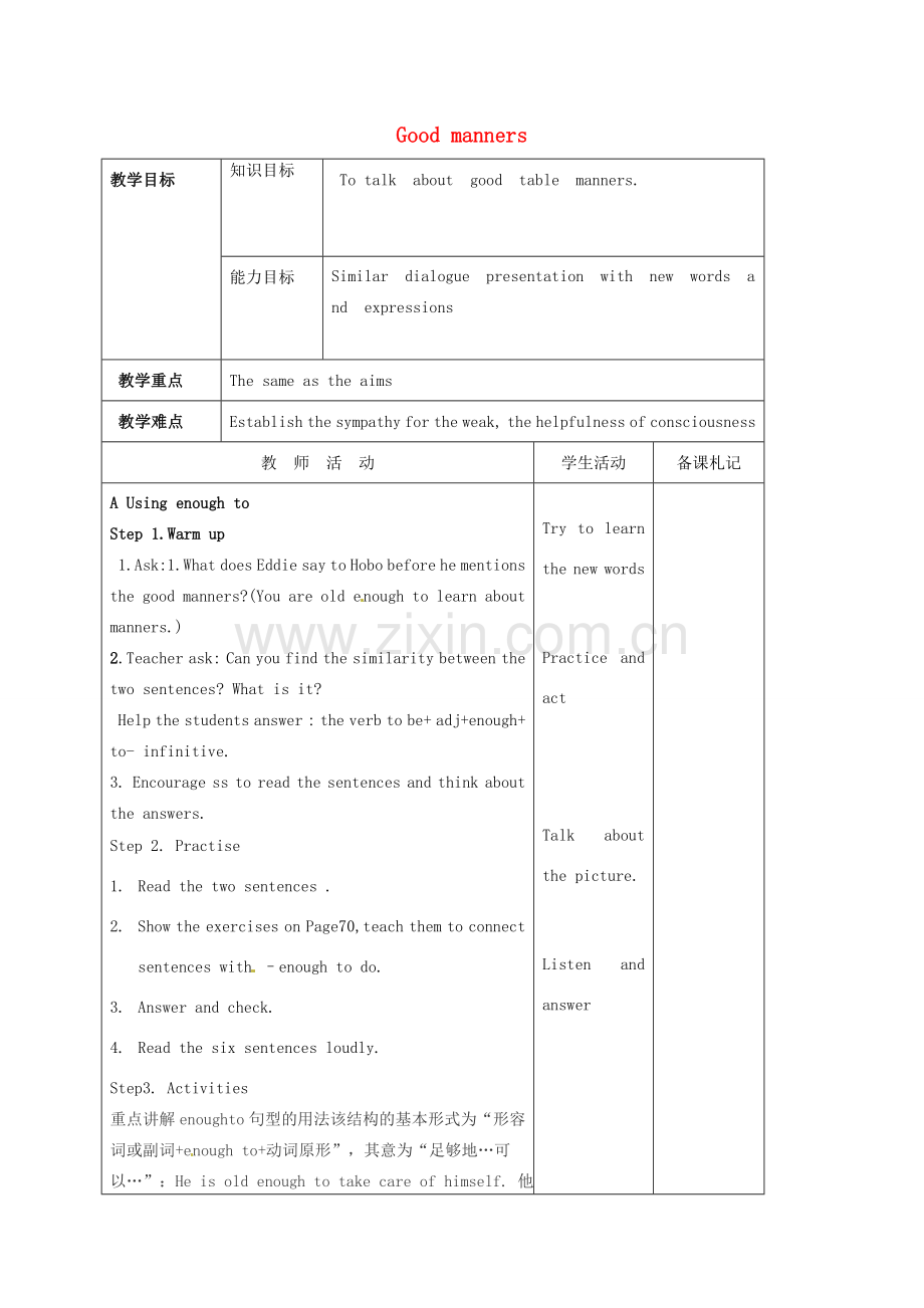 八年级英语下册《Unit 5 Good manners Period 4》教案 （新版）牛津版-（新版）牛津版初中八年级下册英语教案.doc_第1页