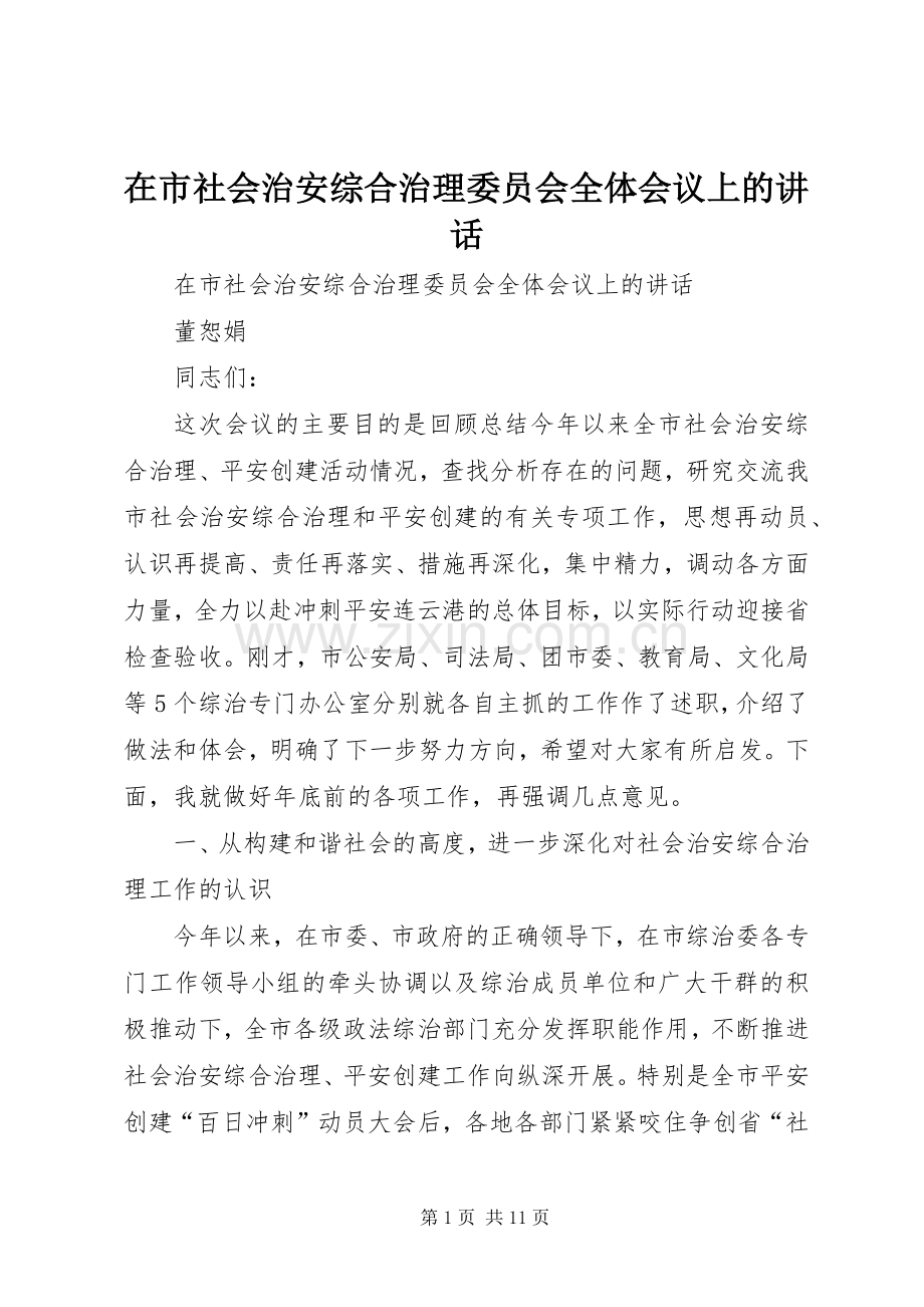 在市社会治安综合治理委员会全体会议上的讲话发言.docx_第1页